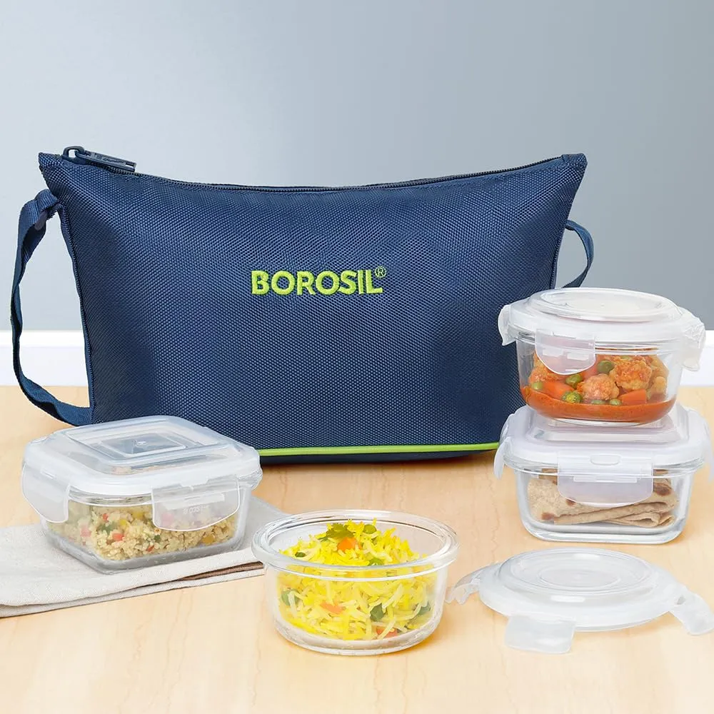 Borosil Glass Daisy Microwave Safe Office Tiffin Lunch Box (Blue, 2 pcs 320 ml Square, 2pcs 240 ml Round) -Set of 4