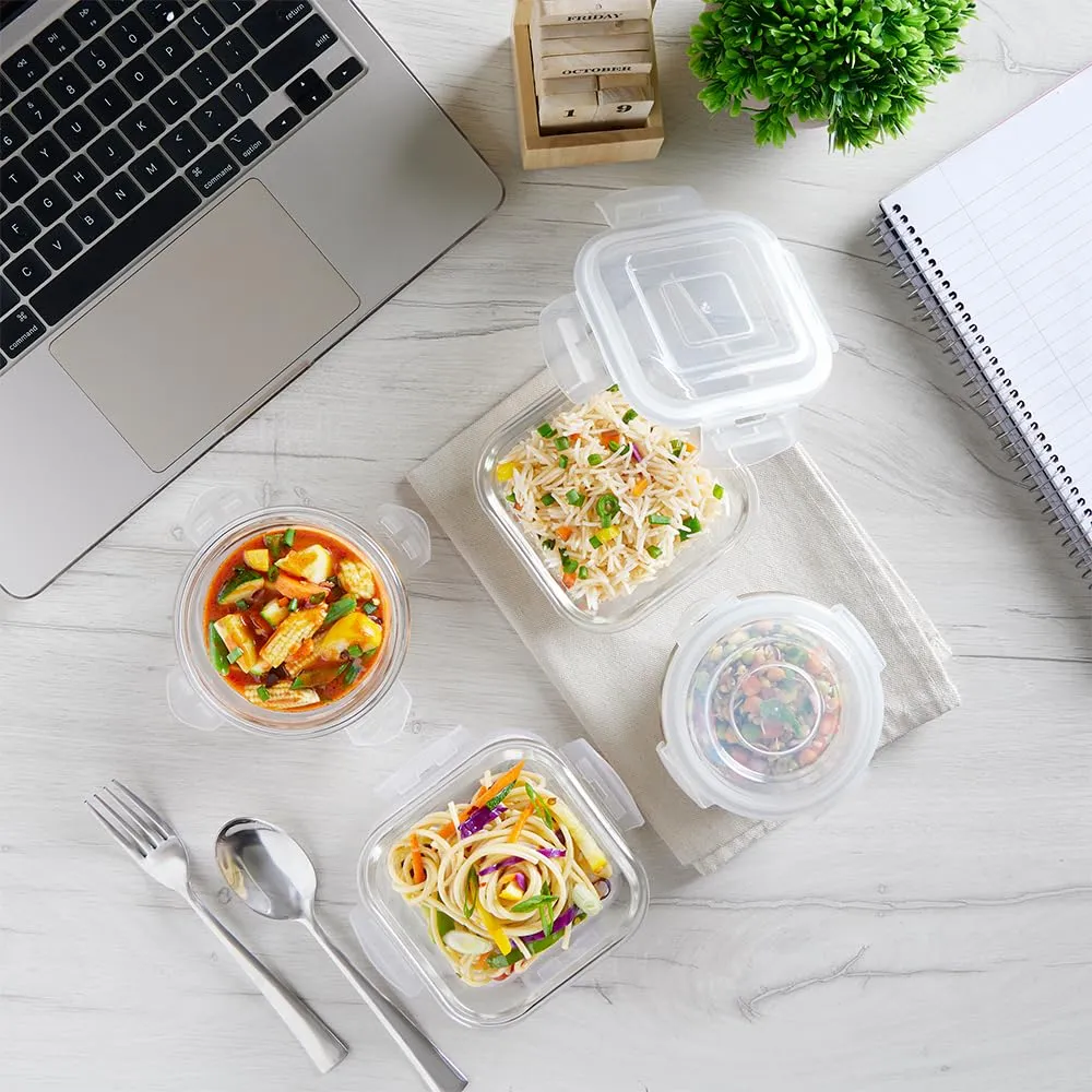 Borosil Glass Daisy Microwave Safe Office Tiffin Lunch Box (Blue, 2 pcs 320 ml Square, 2pcs 240 ml Round) -Set of 4