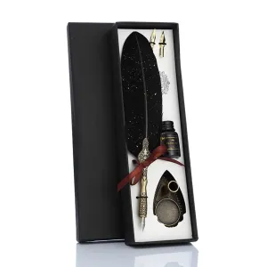 Deluxe Gift Boxed Retro Feather Calligraphy Dip Quill Pen Set - Black with Gold Speckle Goose