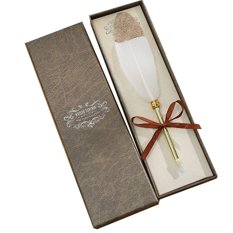 Gold Glitter Tipped Goose Feather Ballpoint Pen