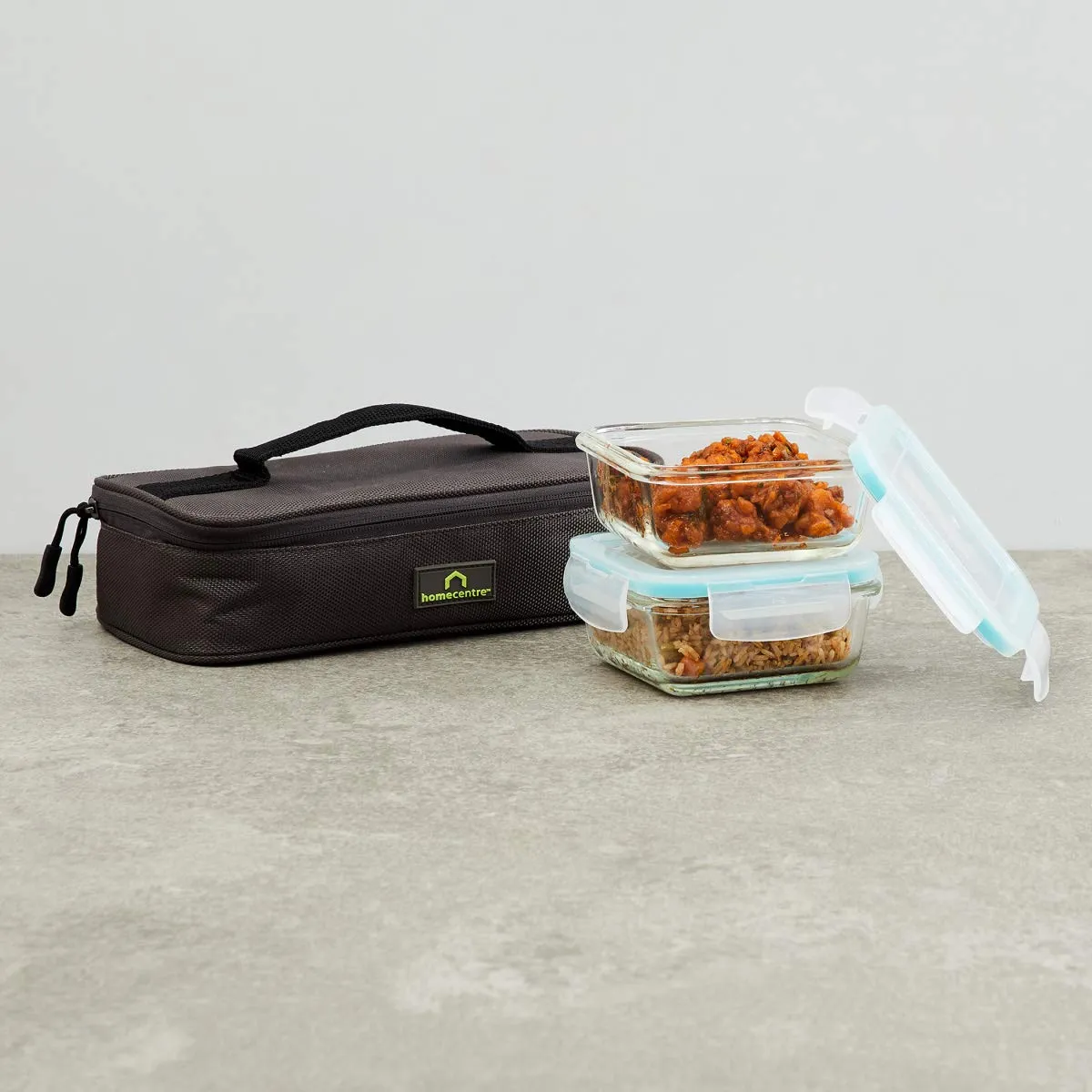 Home Centre Korobka-Brooklyn Solid Multicolour Glass Lunch Boxes and Bag - 340ml