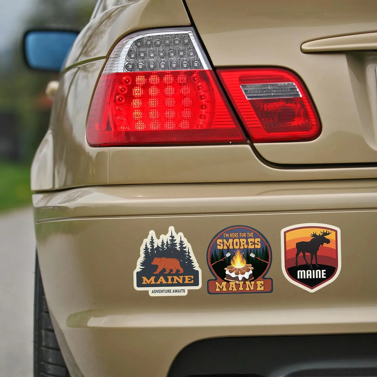 Maine Adventure Bear,Moose & S'mores Sticker Bundle, Set of 3 Die Cut Stickers