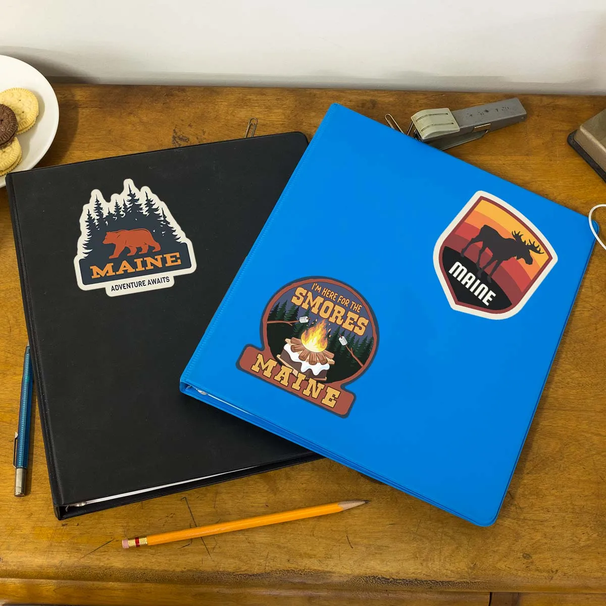 Maine Adventure Bear,Moose & S'mores Sticker Bundle, Set of 3 Die Cut Stickers