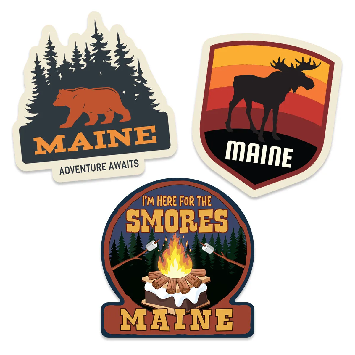 Maine Adventure Bear,Moose & S'mores Sticker Bundle, Set of 3 Die Cut Stickers