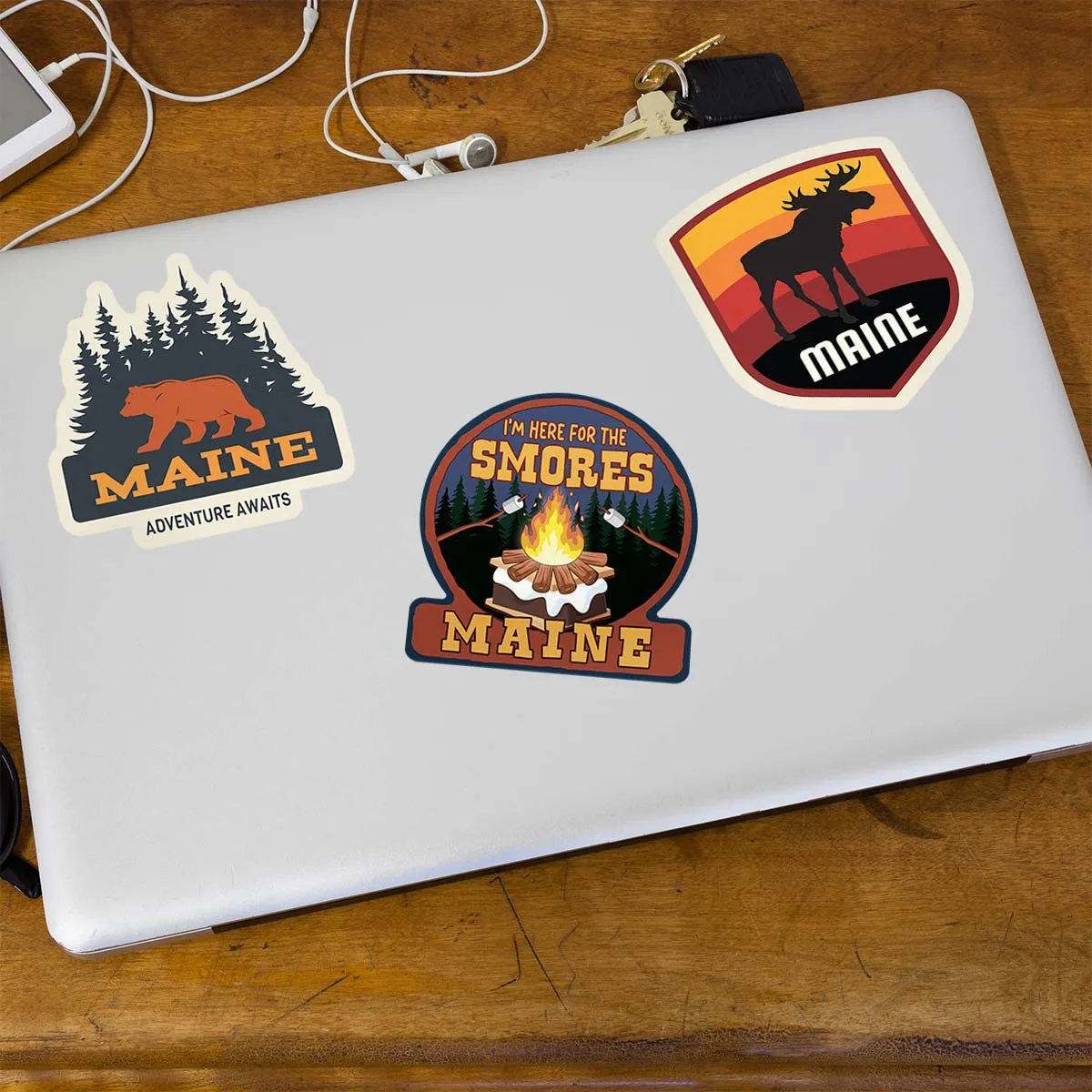 Maine Adventure Bear,Moose & S'mores Sticker Bundle, Set of 3 Die Cut Stickers