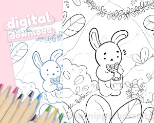 Printable Easter Bunny Colouring Page - Digital Download, Easter Themed Colouring Sheet, Katnipp Art