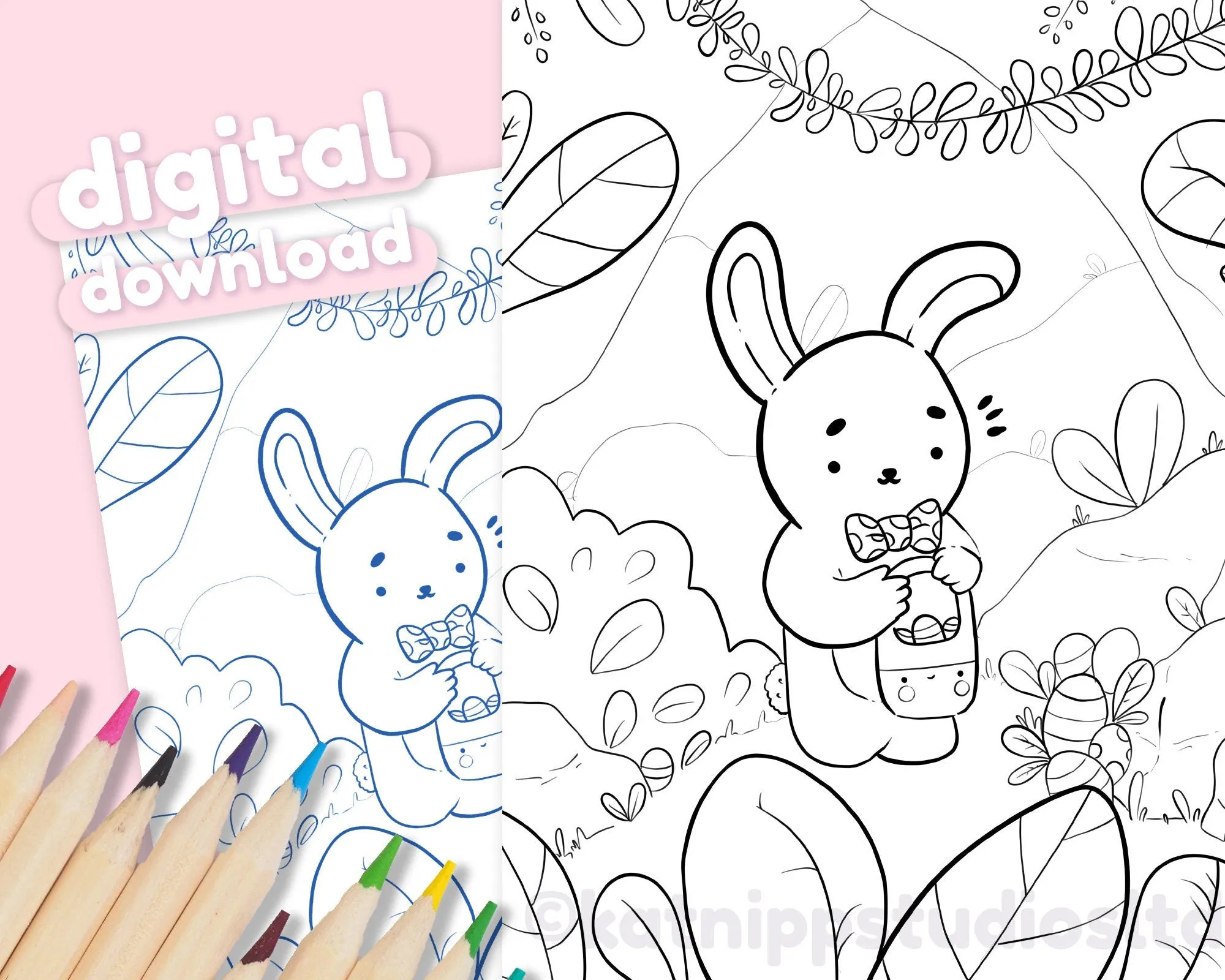 Printable Easter Bunny Colouring Page - Digital Download, Easter Themed Colouring Sheet, Katnipp Art