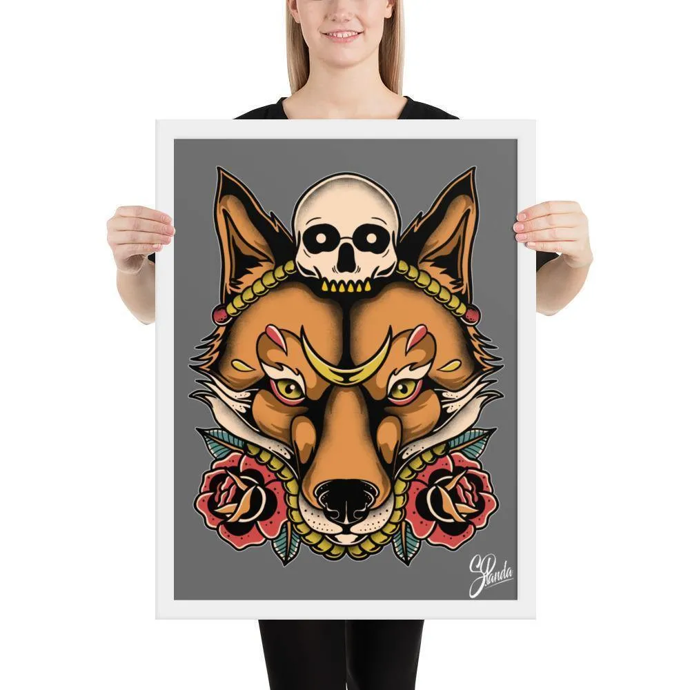 Skull Fox Wooden Framed Poster