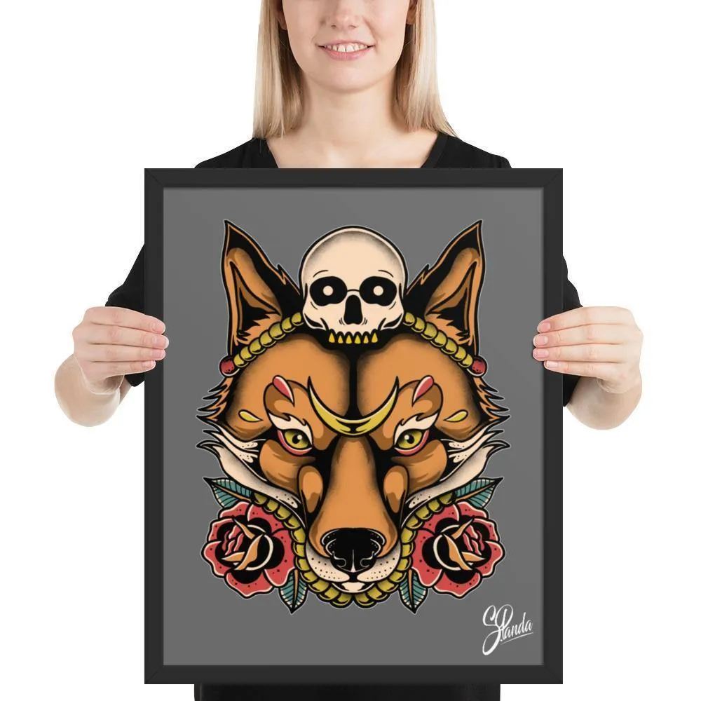 Skull Fox Wooden Framed Poster