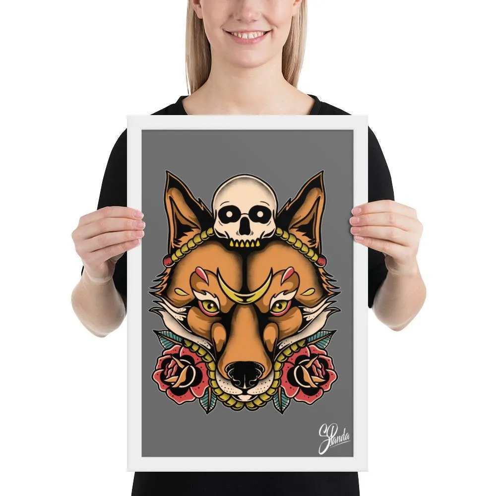 Skull Fox Wooden Framed Poster