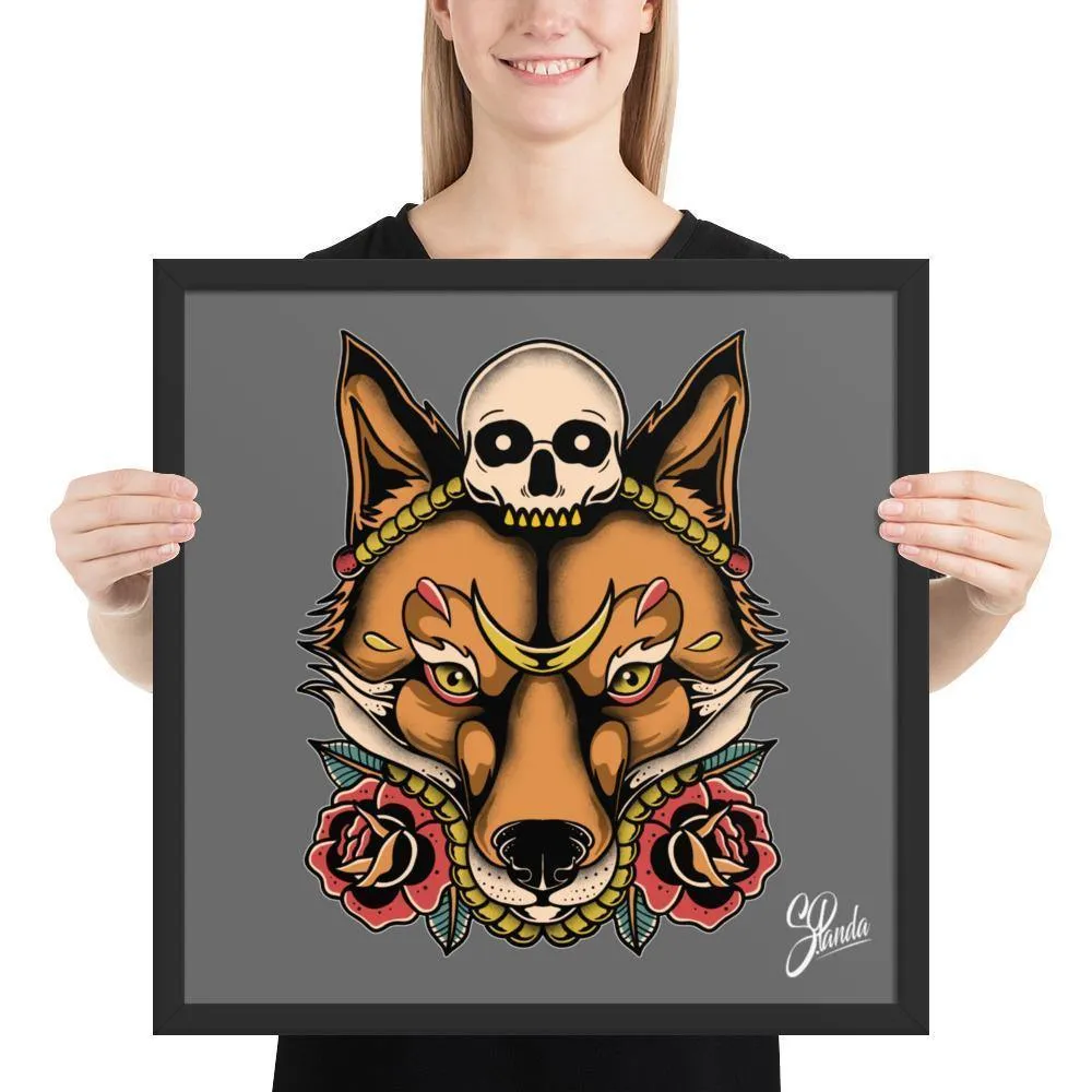 Skull Fox Wooden Framed Poster