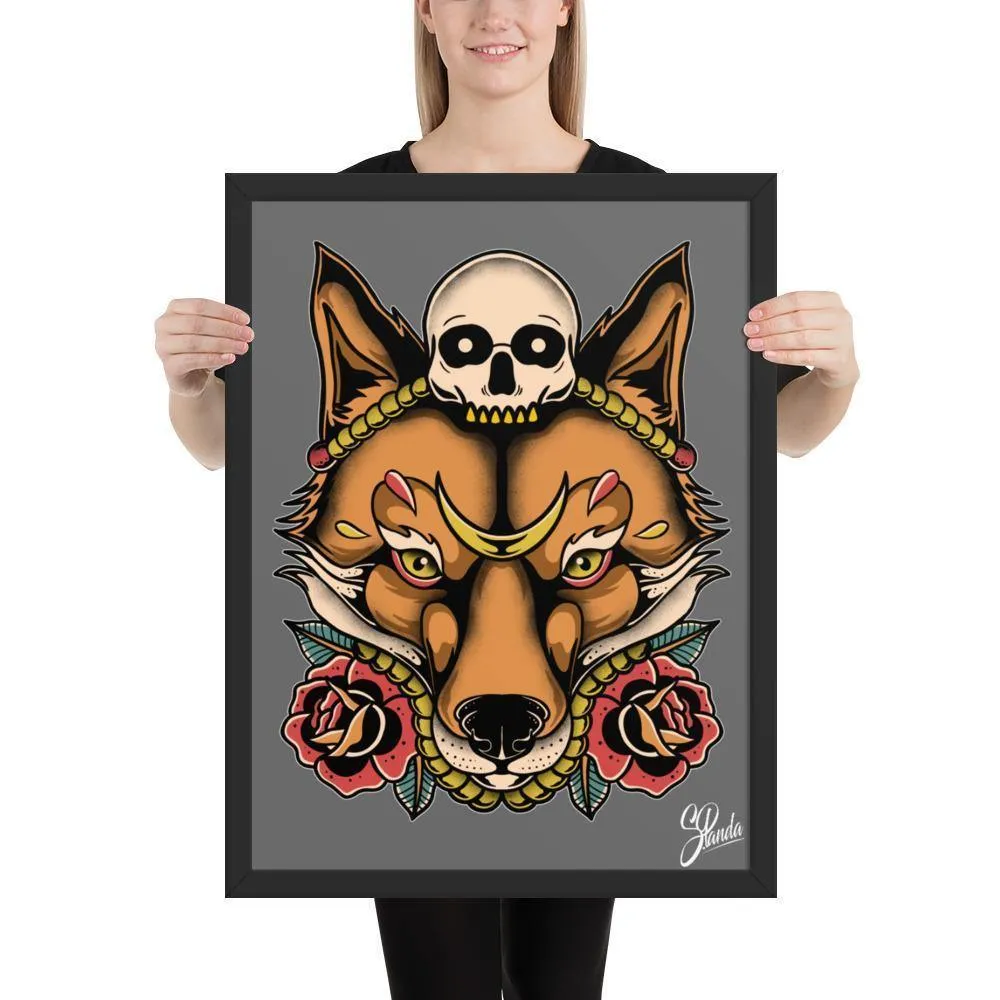 Skull Fox Wooden Framed Poster
