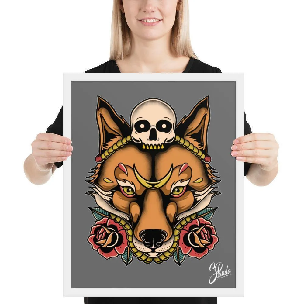 Skull Fox Wooden Framed Poster
