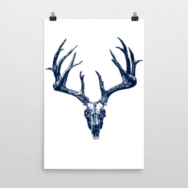 Stag Skull Blue Ink Poster by Robert Bowen