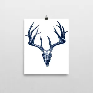 Stag Skull Blue Ink Poster by Robert Bowen