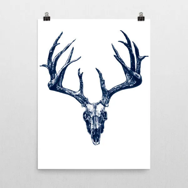 Stag Skull Blue Ink Poster by Robert Bowen