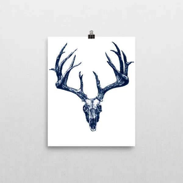 Stag Skull Blue Ink Poster by Robert Bowen