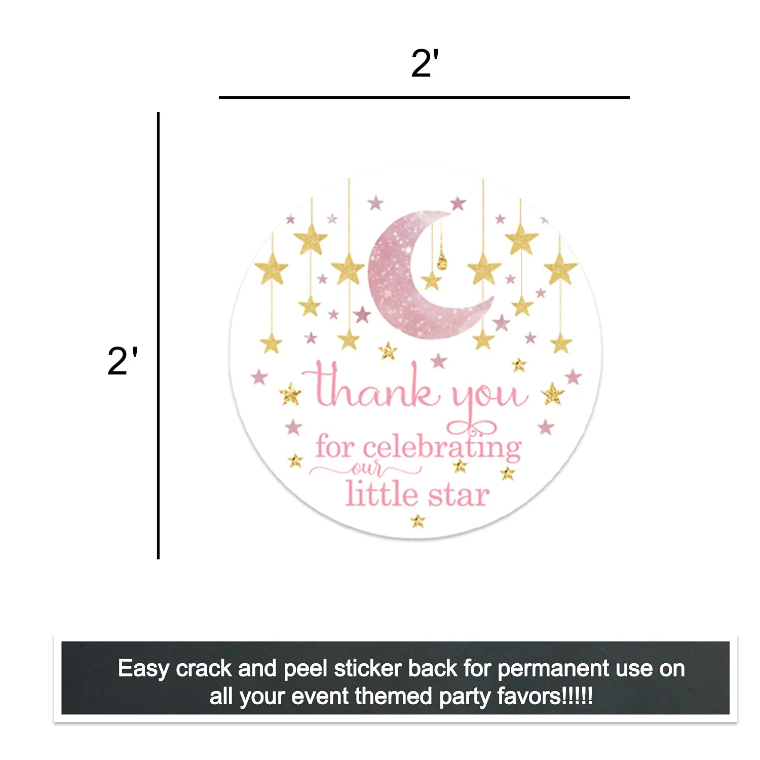 Twinkle Little Star Stickers Girls Baby Shower Party Favors Pink and Gold, Thanks for Celebrating Labels, 50 Pack, 2x2 Round