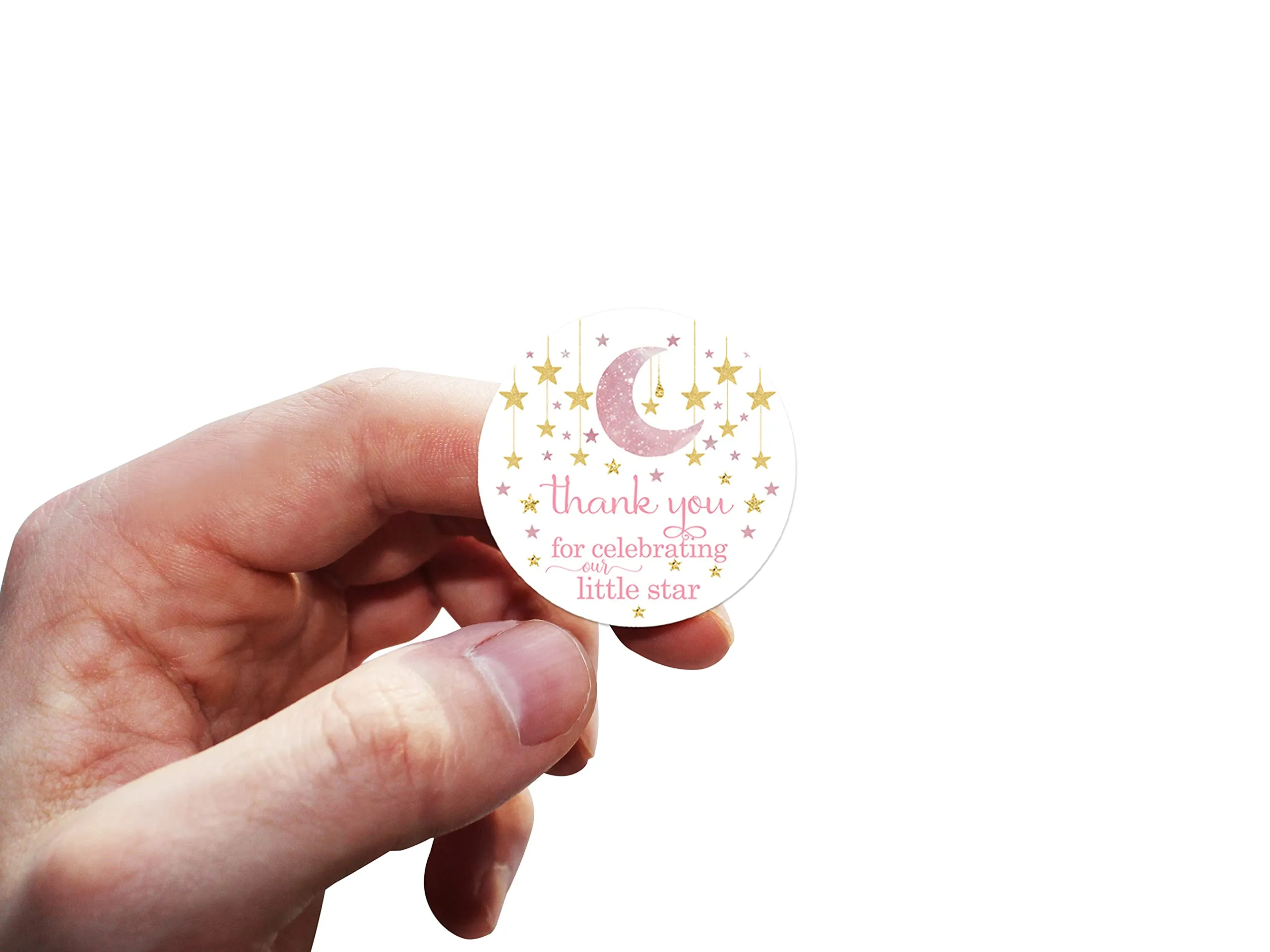 Twinkle Little Star Stickers Girls Baby Shower Party Favors Pink and Gold, Thanks for Celebrating Labels, 50 Pack, 2x2 Round
