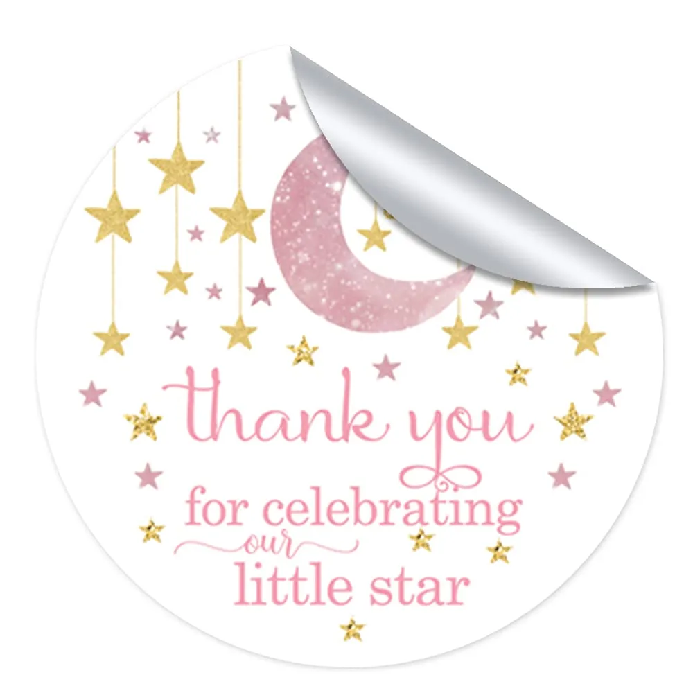 Twinkle Little Star Stickers Girls Baby Shower Party Favors Pink and Gold, Thanks for Celebrating Labels, 50 Pack, 2x2 Round
