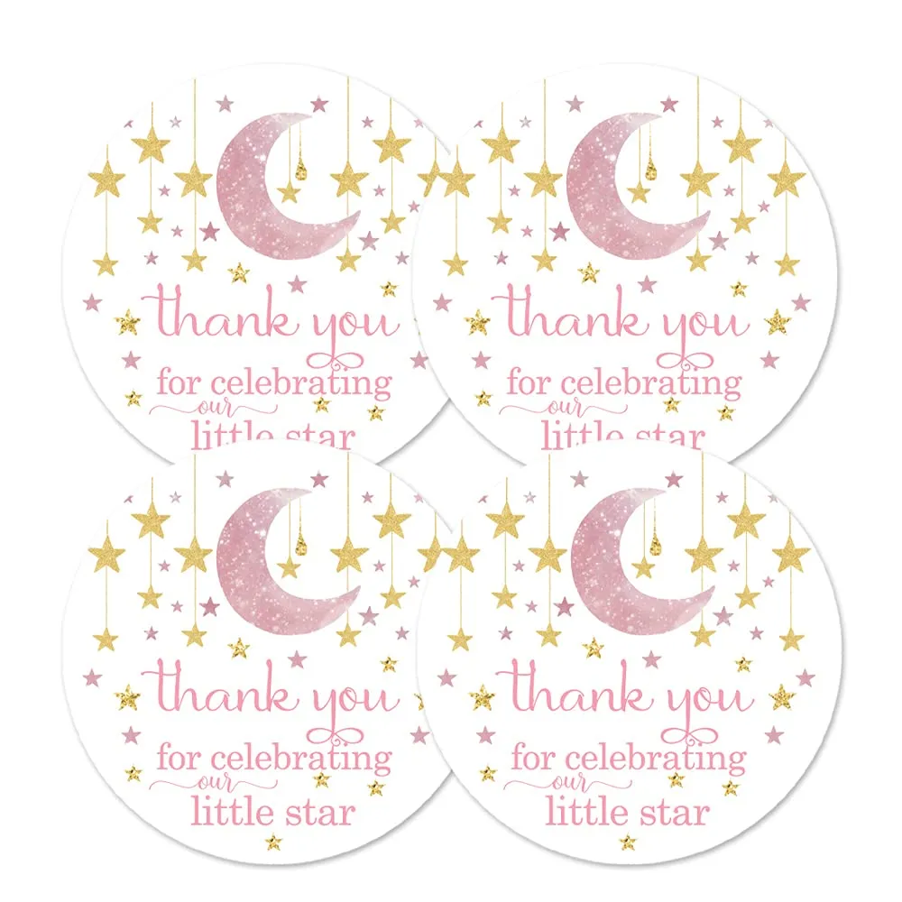 Twinkle Little Star Stickers Girls Baby Shower Party Favors Pink and Gold, Thanks for Celebrating Labels, 50 Pack, 2x2 Round