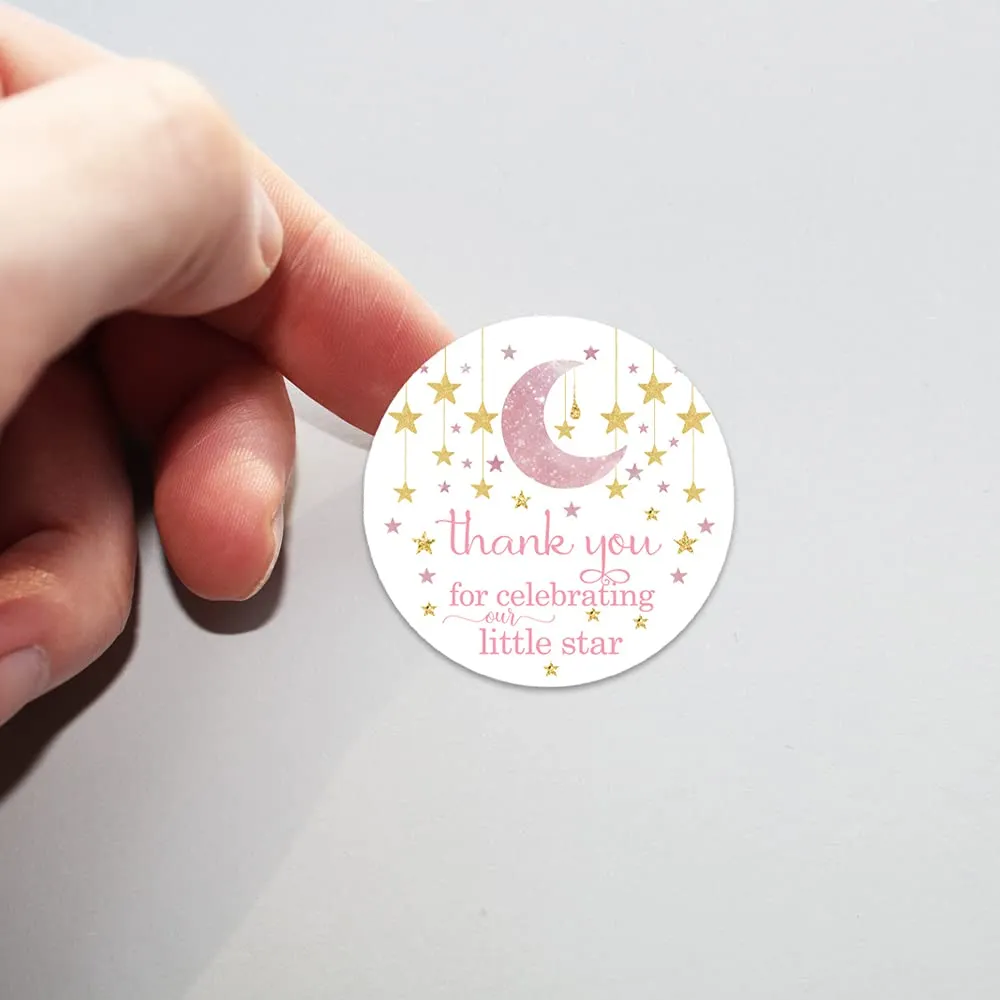 Twinkle Little Star Stickers Girls Baby Shower Party Favors Pink and Gold, Thanks for Celebrating Labels, 50 Pack, 2x2 Round